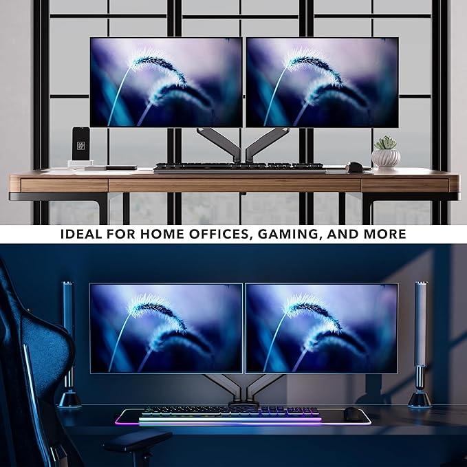 Mount-It! Dual Monitor Desk Mount, Two Independent Gas Spring Arms, Fits 13-32" Screens up to 17.6 lbs Each, VESA 75x75 & 100x100, Full Motion Tilt Swivel Rotate, C-Clamp & Grommet Base