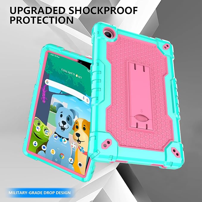 Case for for AT&T Amigo Jr. Tab 8 inch Tablet 9136K - [Built-in Kickstand] Anti Slip Kids Friendly Shockproof Silicone Protective Cover (Green/Pink)