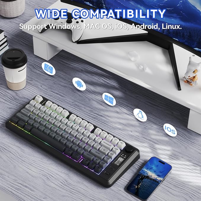 ZIYOU LANG M75 Wireless Gaming Keyboard, RGB Backlit Rechargeable 2000mAh Battery, Small Membrane But Mechanical Feel Keyboard with Smart Display & Knob, PBT Gradient keycaps for PC, MAC-Moonlit Night