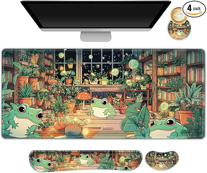 Large Gaming Mouse Pad Set, 4 in 1 Ergonomics Keyboard Desk Mat with Memory Foam Wrist Rest, Computer PC Extended Game Mousepad, Non-Slip Desk Matt Easy Typing Pain Relief I Frog & Mushroom
