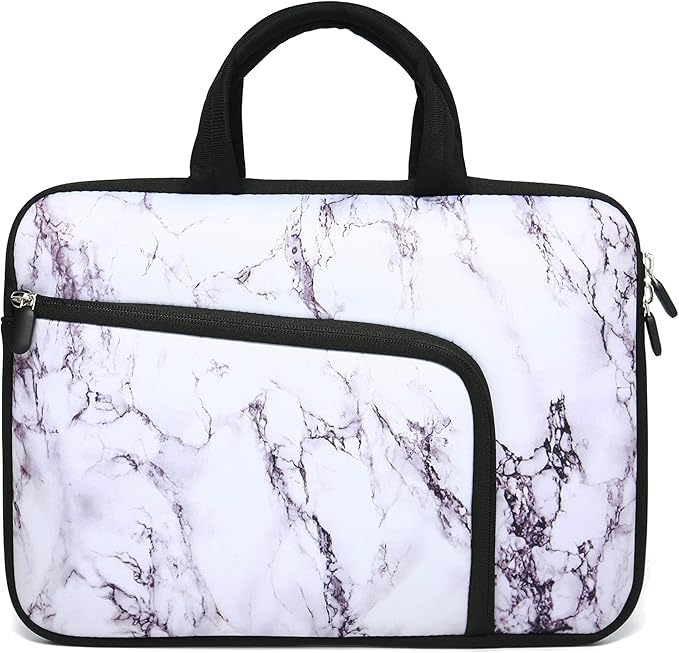 14 15 15.4 15.6 inch Laptop Handle Bag Computer Protect Case Pouch Holder Notebook Sleeve Neoprene Cover Soft Carrying Case with Extra Pockets For Dell Lenovo HP Chromebook (White Marble)