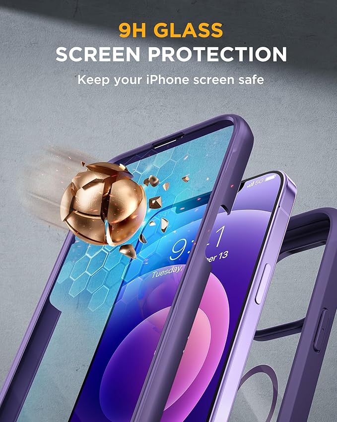 Miracase Glass Series Designed for iPhone 12/12 Pro 6.1 Inch, Upgrade Full-Body Magnetic Case with Built-in 9H Tempered Glass Screen Protector, with Camera Lens Protector, Magnetic Purple