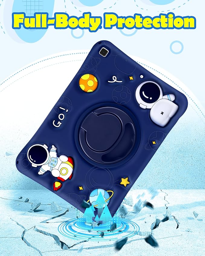 Wazzasoft for Samsung Galaxy Tab A7 Lite 8.7” Case Boys Cute Astronaut Cover Kawaii 3D Cartoon Spacemen Girls Cool with Rotating Handle Stand + Strap Soft Silicone Funda for Galaxy A7 Lite Table Cases