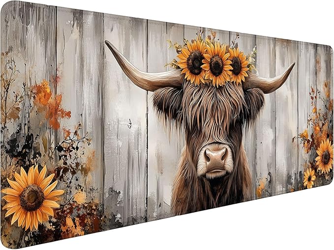 Cute Highland Cow Desk Pad Mouse Pad Watercolor Painting Sunflowers Wooden Large Gaming Mouse Mat with Stitched Edges,Non-Slip Waterproof Rubber Base Mous Mat Office Computer Keyboard Laptop Home