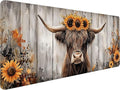 Cute Highland Cow Desk Pad Mouse Pad Watercolor Painting Sunflowers Wooden Large Gaming Mouse Mat with Stitched Edges,Non-Slip Waterproof Rubber Base Mous Mat Office Computer Keyboard Laptop Home