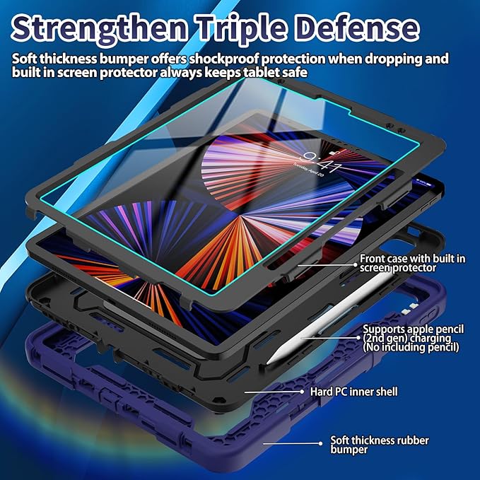 ROISKIN for iPad Pro 12.9 -Inch Case (6th, 5th, 4th & 3rd Gen) with HD Screen Protector, 360 Stand, Hand Strap, Pencil Holder,Shoulder Strap,Rugged Bulky Full Body 12.9 iPad Pro Case
