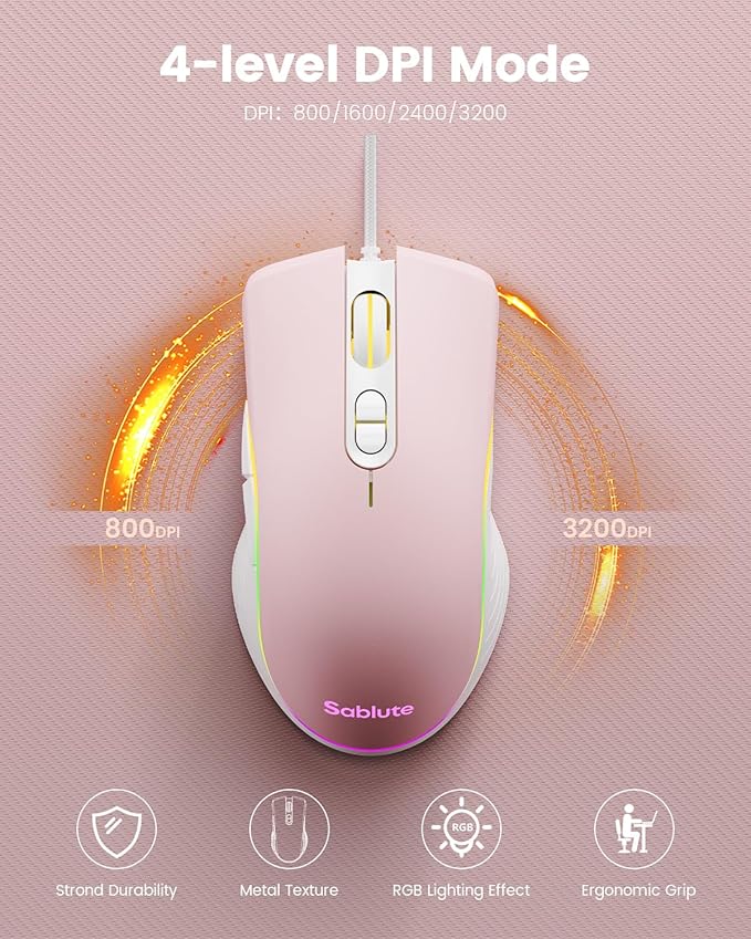 SABLUTE Wired Gaming Keyboard and Mouse, RGB Backlit Mechanical Feel Keyboard with Multimedia Knob & Anti-Ghosting Ergonomic Premium Leather Wrist Rest (Pink)