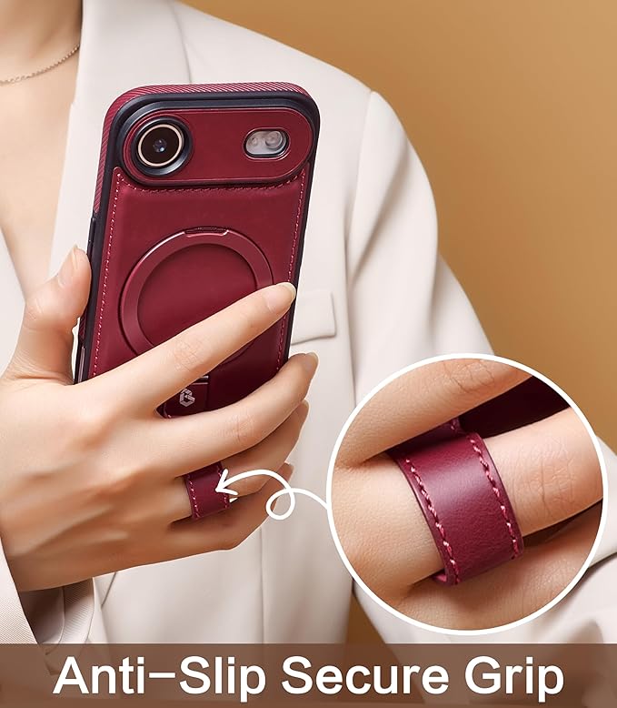 Butaiga for iPhone Air Leather Case with Stand, Anti-Slip Grip Ring, Fits for MagSafe (Burgundy, iPhone Air)
