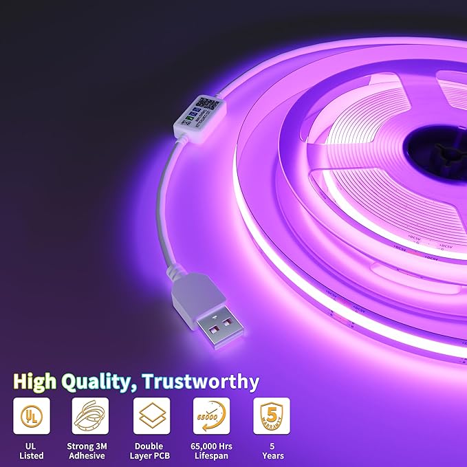 PAUTIX 5V USB COB RGB LED Strip Light 4.92ft/1.5m Color Changing Light Strips,TV Backlight Multicolor Flexible Under Cabinet Tape Lights with Bluetooth Control for Bedroom,Kitchen,Home DIY Lighting