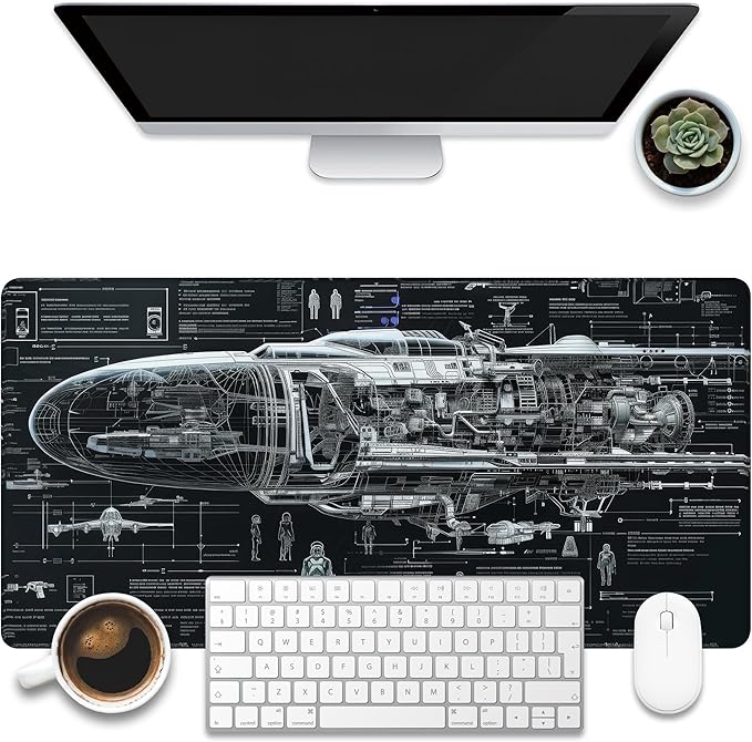 Large Gaming Mouse Pad for Desk, Spaceship Detailed Blueprint Desk Mat, Spacecraft Assembly Diagram Desk Pad, 31.5"x15.7" Extended Big Keyboard Mouse Pad with Non-Slip Base and Stitched Edge