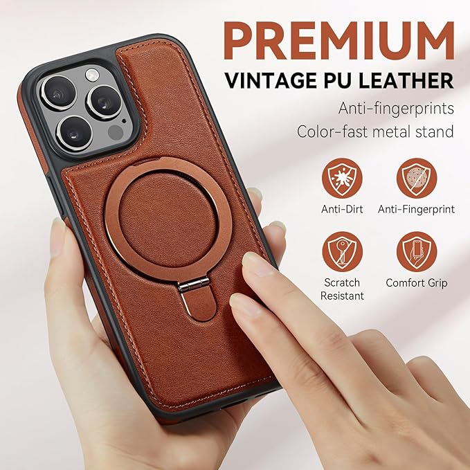 Compatible with iPhone 14 Pro Max Case with Stand, Compatible with MagSafe, Slim PU Leather & Durable TPU Protective Cover Drop-Proof with Tempered Glass Screen Protector 6.7", Brown
