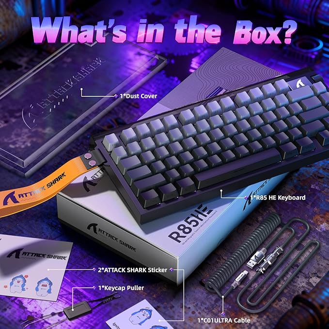 ATTACK SHARK R85 HE 75% Magnetic Wired Gaming Keyboard,8KHz Polling Rate Rapid Trigger,0.005mm RT Precision,256K Scan Rate,Custom Hot-Swappable,Web Driver PC Keyboard for Gamer/Win/Mac,Black Gradient