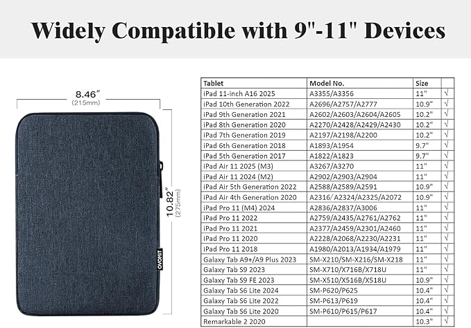 TiMOVO 9-11" Tablet Sleeve Bag for iPad 11-inch A16 2025, iPad 10.9"/10.2"| Air 11 Inch/5th/4th Gen. 10.9", Galaxy Tab A9+/A11Plus 11", Protective Bag Fit Smart Keyboard, Dusty Blue