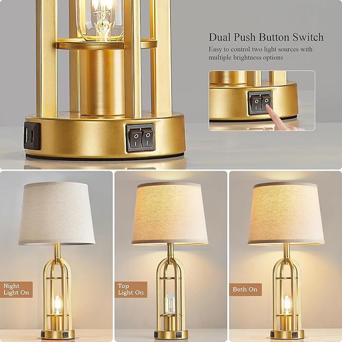 SRJJA Gold Table Lamps for Living Room Set of 2 - Modern Farmhouse Bedside Lamps for Bedroom Night Stands with Nightlight and USB A+C, Industrial Lamp for Living Room End Tables