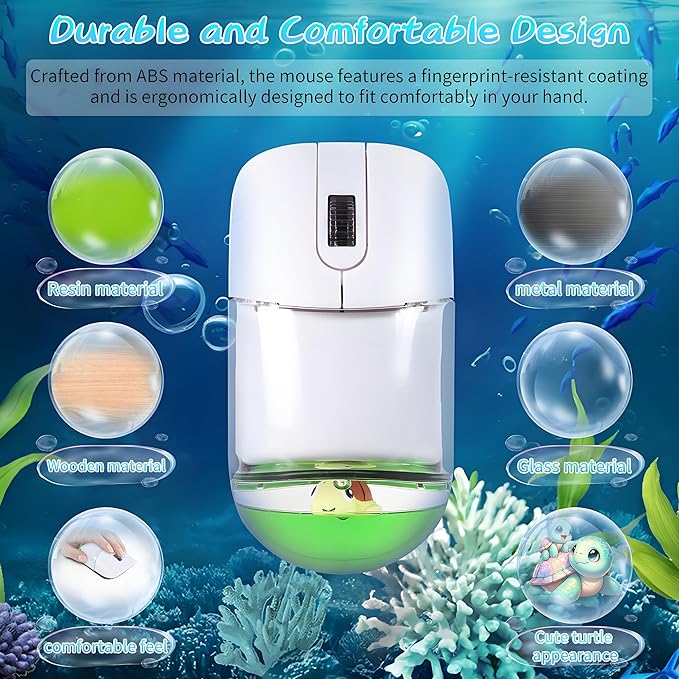 Wireless Mouse -Cute Clear Aqua Design, Water Mouse with Optical Precision, Silent Clicks, Lightweight & Floating Animal Transparent Retro Style for Home Office, Great for Kids & Adult(Turtle-Green)