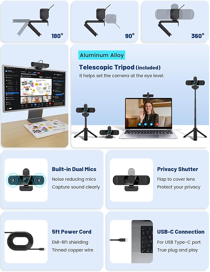 RUWBY UHD 4K Webcam with Built-in Dual Mics, Wide-Angle Lens, Privacy Cover, Tripod Stand, Autofocus PC Camera, Plug and Play for Desktop Computer or Laptop