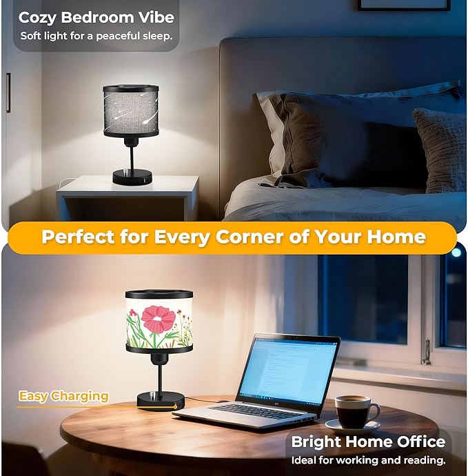Bedside Table Lamp for Bedroom, Small Bedside Light with USB C and A Ports, Night Lamp with 3 Rotatable Shades, Daylight White Bulb with Dimmable