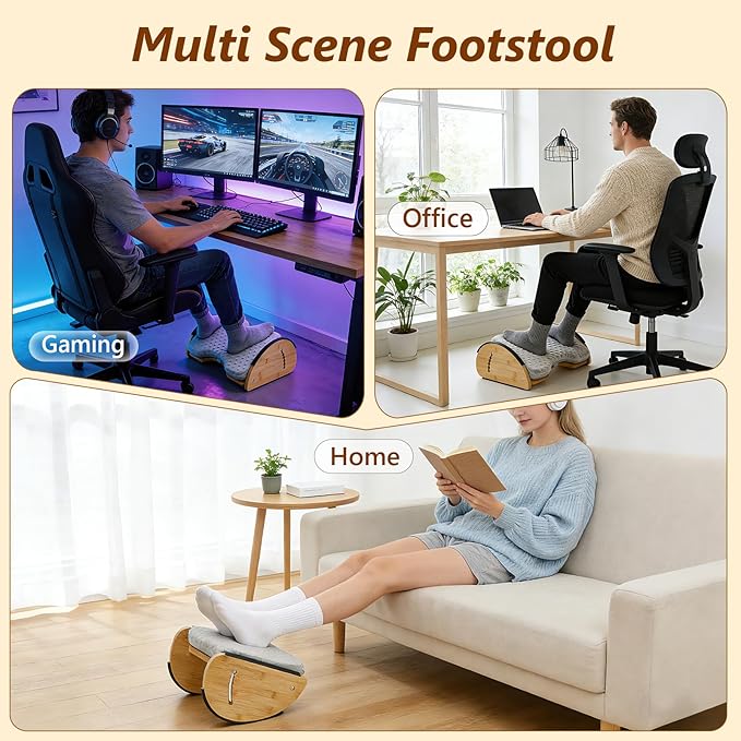 Foot Rest Under Desk, Under Desk Footrest, 4-in-1 Bamboo Desk Foot Rest with 6 Adjustable Heights & Massage Cushion, Foot Stool for Couch, Office Home, Gaming & Relieve Pressure on Legs, Waist & Back