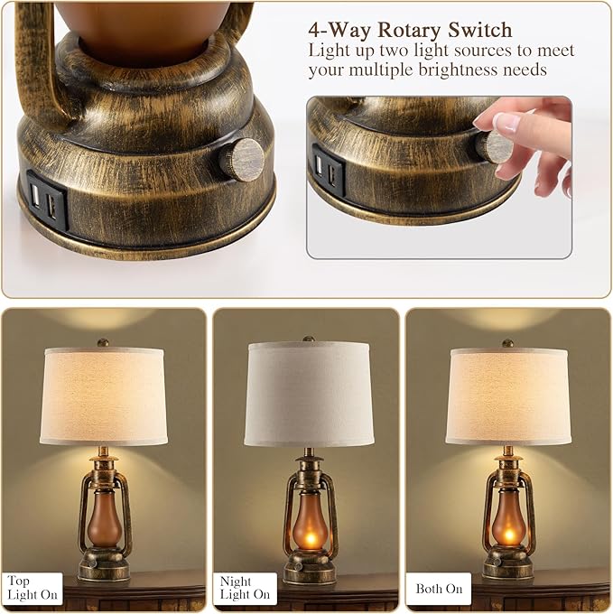 25" Set of 2 Rustic Lantern Table Lamps for Living Room Bedroom, 2 USB Ports Farmhouse Vintage Bedside Desk Lamp Nightlight for Entryway Office End Table, 4 Bulbs Included