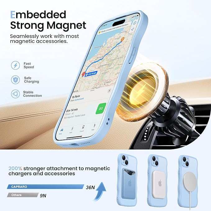 CAPRARO for iPhone 15 Plus Case with 360° Spin Magnetic Stand for Women, [Compatible with MagSafe] [Full Camera Protection] Cute Wave Translucent Matte Case for iPhone 15 Plus, Sky Blue