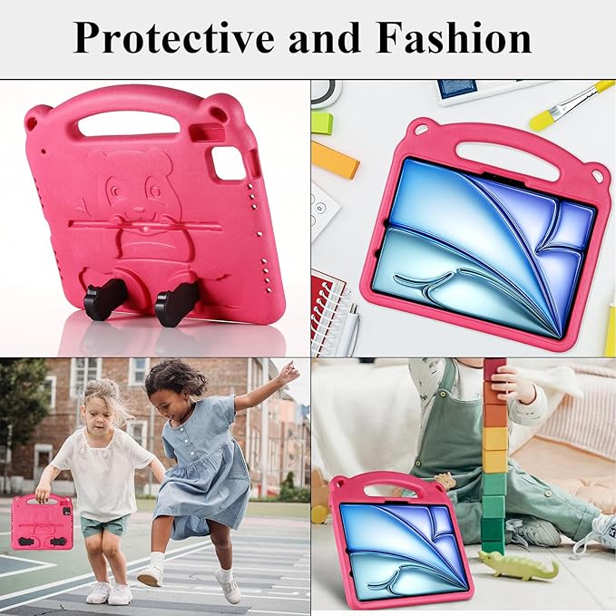 Case for Apple iPad Air 11 inch (M3/M2) & iPad Pro 11 inch Case (M5/M4) 2025/2024 with Kickstand/Handle Kids-Proof Lightweight Soft EVA Foam Shockproof Slim Stand Tablet Cover, Rose Panda