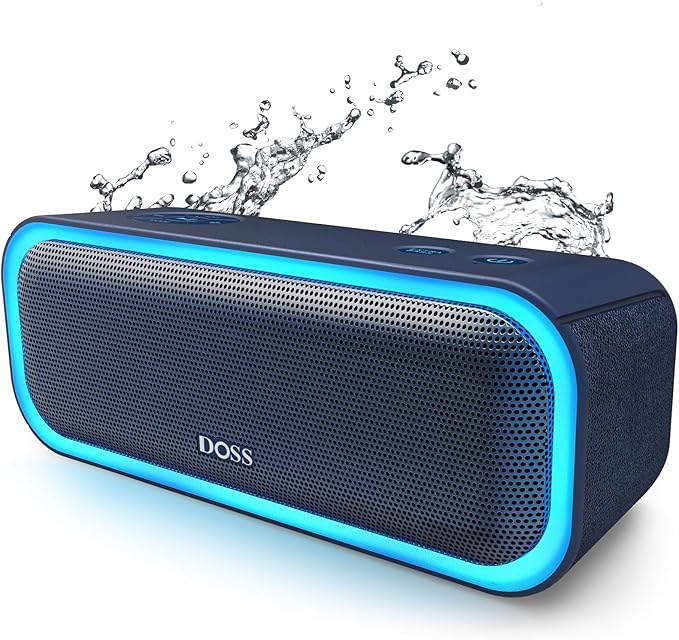 DOSS SoundBox Pro Bluetooth Speaker, 20W Stereo Sound, Active Extra Bass, 20H Playtime, Multi-Colors Lights, Wireless Stereo Pairing, IPX6 Waterproof for Garden, Hiking, Camping, Beach, Party-Blue