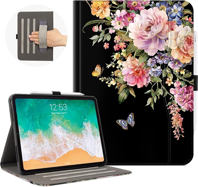 Vimorco for iPad Pro 13 Inch Case M5/M4 2025/2024 Black Floral, for iPad Pro 13 Case for Girls Women, Pencil Holder/Hand Strap/Pocket/Screen Protection Band, for iPad 13 Pro Cover, Flower Butterfly