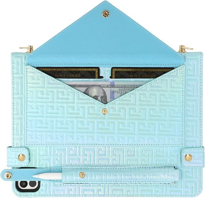 Shiny Case for iPad Pro 11" 2018-2022 / Air 10.9" 11" Handbag with Hand Strap, Techcircle Crossbody Iridescent Folio Stand Wallet Case with Pencil Holder+Card Slots+Shoulder Strap, Shiny Blue