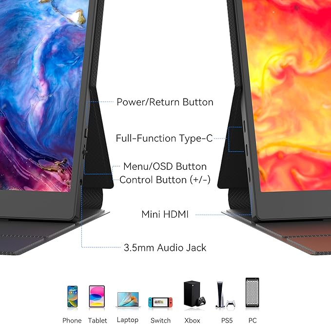 BENFEI Portable Monitor 15.6'', FHD 1080P HDMI USB-C Gaming Display, Ultra-Slim IPS HDR Screen w/Smart Cover & Speakers, Plug & Play External Monitor for Laptop PC Phones Tablet PS5/4 Xbox Switch