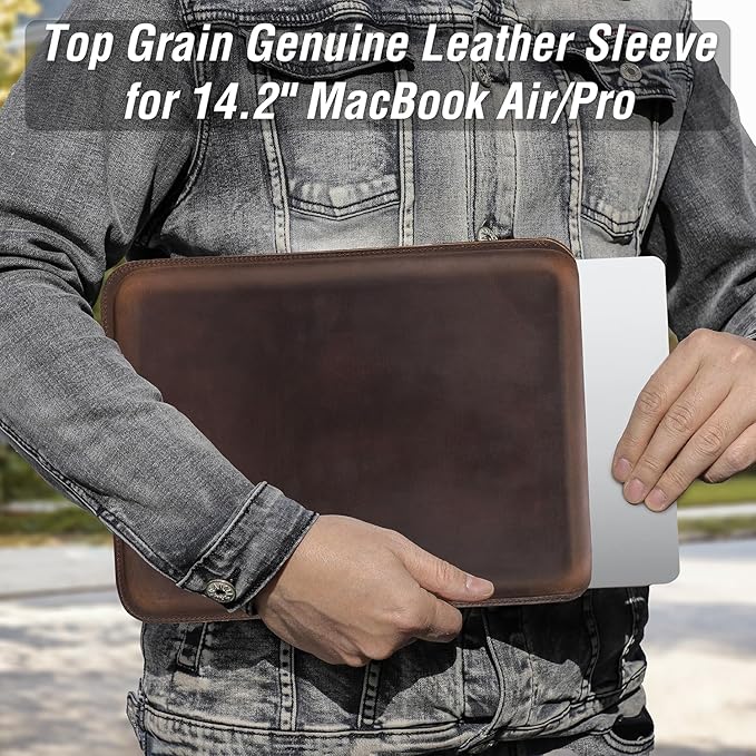 Top Grain Leather 14.2" PC Sleeve Case, Vintage Fit Design, Handmade, Compatible with MacBook Pro 14" 2021 M1 A2442 & Old Versioned 13-13.3 Inch MacBook Pro/Air, Coffee 14.2 Inch