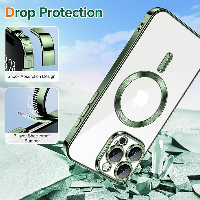 Hython Magnetic Clear for iPhone 16 Pro Max Case with Camera Lens Protector [Compatible with MagSafe] Plating Edge Slim Soft TPU Cover Protective Phone Case for iPhone 16 Pro Max 6.9", Deep Green