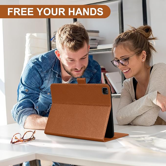 Genuine Leather Case for iPad Pro 12.9 inch 6th/5th/4th/3rd Generation 2022/2021/2020/2018 | with Pencil Holder and Adjustable Stand, Magnetic Closure, Auto Wake/Sleep Cover | Brown