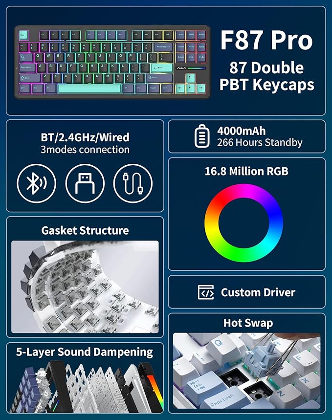 Aula F87 Pro Wireless Mechanical Keyboard, 87-Key TKL Tri-Mode (BT5.0/2.4G/USB-C), Hot Swappable Gasket Mount Keyboard, 4000mAh Battery, RGB Backlit PBT Keycaps Custom Gaming Keyboard for PC Mac