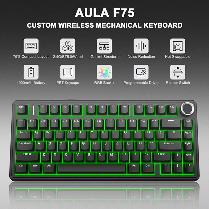 AULA F75 - 75% Wireless Mechanical Keyboard,Hot Swappable Custom Gaming Keyboard with Knob,BT5.0/2.4GHz/USB-C,RGB Backlit,Pre-lubed Switches,Double Shot PBT Keycaps,Creamy Mechanical Gaming Keyboards