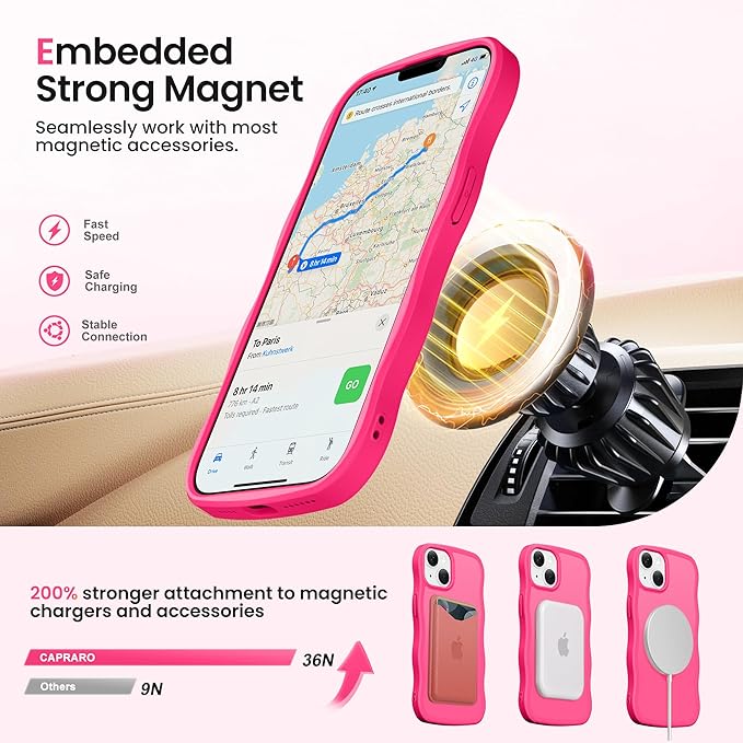 CAPRARO for iPhone 13 Case & iPhone 14 Case with 360° Spin Magnetic Stand for Women, [Compatible with MagSafe] [Camera Protection] Cute Wave Translucent Matte Case for iPhone 13/14, Hot Pink