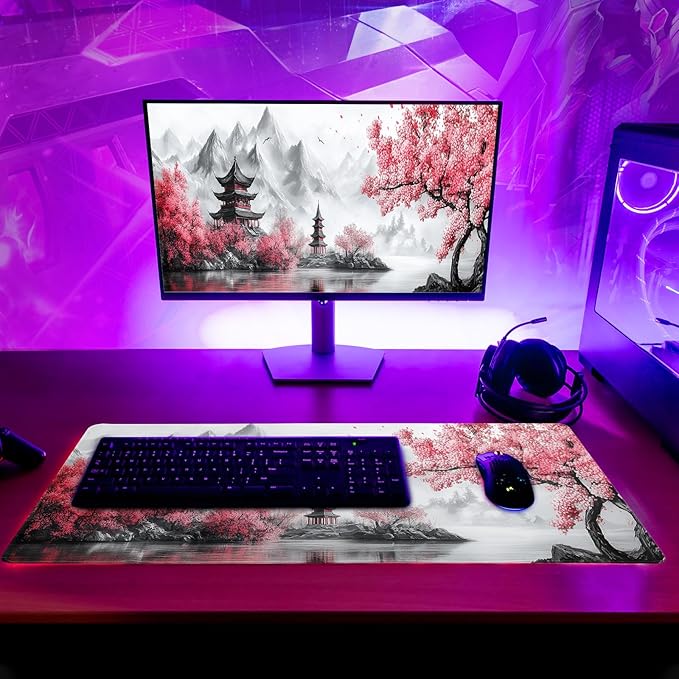 Retro Cherry Blossoms Mouse Pad 31.5x11.8 Inch White Full Desk Japanese Mousepad Extended Large Non-Slip Rubber Base Waterproof Big Keyboard Mat with Stitched Edges for Gaming and Office