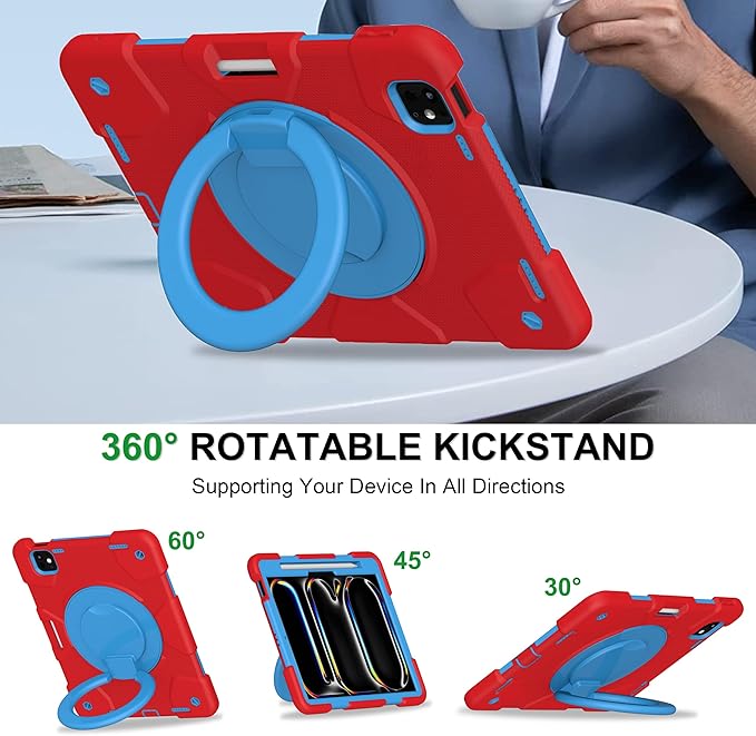 Andnary Case for iPad Pro 11 Inch M4 2024/M5 2025 Case, Heavy Duty Shockproof Cover with Screen Protector/360° Rotate Stand/Shoulder Strap/Pencil Holde (Red+Blue, iPad Pro M4/M5 11 inch)