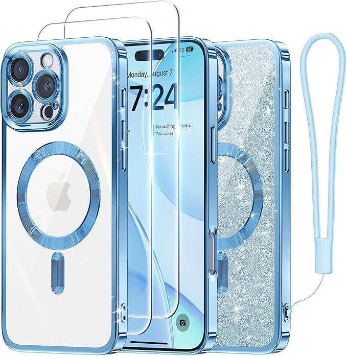 Meifigno Designed for iPhone 16 Pro Max Case 6.9", [Glitter Card & Wrist Strap] [Compatible with MagSafe] [2X Screen Protectors] Surround Raised Lens Protection Designed for 16 ProMax Case, Sky Blue