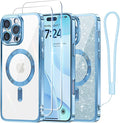 Meifigno Designed for iPhone 16 Pro Max Case 6.9", [Glitter Card & Wrist Strap] [Compatible with MagSafe] [2X Screen Protectors] Surround Raised Lens Protection Designed for 16 ProMax Case, Sky Blue