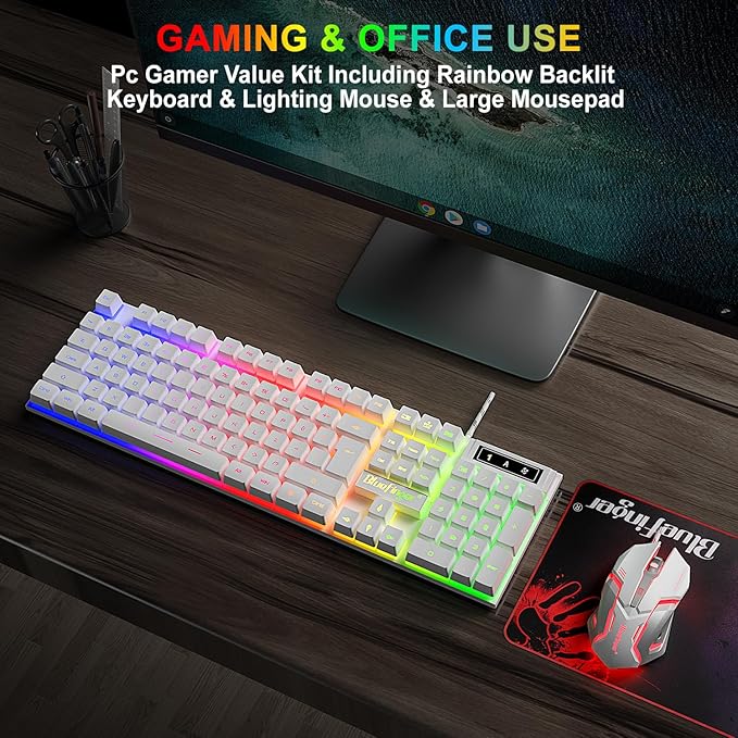 BlueFinger RGB Gaming Keyboard and Backlit Mouse Combo, USB Wired, LED Gaming Set for Laptop PC Computer Game and Work(White)
