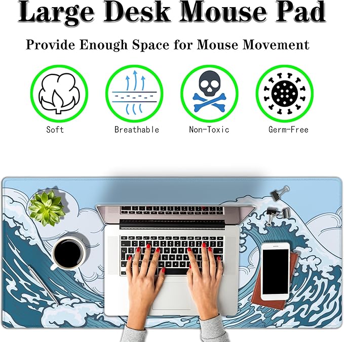 Big Mouse Pad Blue and White, Great Wave Desk Mouse Pads Office Desk Pads, Extra Large Gaming Mouse Pad Non-Slip Rubber Base Waterproof with Stitched Edges, 35.4 X 15.7 inch Japanese Wave