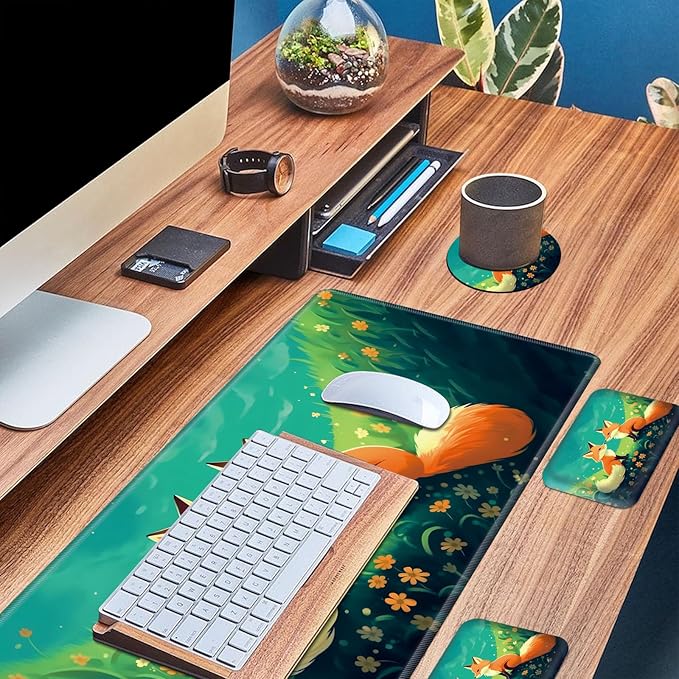 Wrist Elbow Support Arm Rest Desk Mouse Pad Set,Large Mouse Pad + 2 Elbow Rest Pad + Coaster,(31.5×11.8 in) Ergonomic Memory Foam for Office,Gaming,Computer,Laptop-Cute Fox