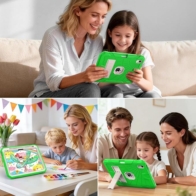 SIBEITU for iPad Case 11th A16/ 10th Generation 2025/2022, Heavy Duty iPad 10 Case with Built-in Kickstand & Pencil Holder, Hybrid 3-Layer Protective iPad 10th 10.9" Cover for Kids Boys Girls, Green
