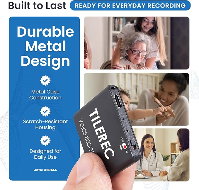 TileRec Voice-Activated Audio Recorder – 64GB Digital Dictaphone with Playback, USB-C, Metal Case – Portable Recorder for Meetings & Lectures