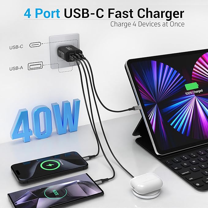 TT&C 40W USB C Charger Block 2-Pack, 4-Port Fast Charging Block (2 USB-C + 2 USB-A), Compact Multi-Device Wall Plug Adapter for iPhone 17,16,15,14, Pro Max, Samsung Galaxy S24/S23, (Black)