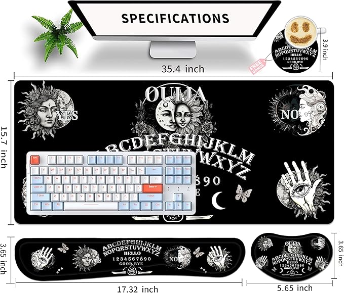 Large Gaming Mouse Pad Set 35.4 x 15.7 with Keyboard Wrist Rest, Wrist Support, and Coaster Memory Foam Smooth Desk Pad Mousepad for Home Office School - Ouija Board