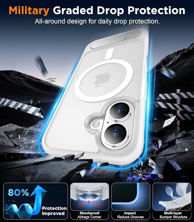 Magnetic Compatible with iPhone 16 Plus Case, [Built-in Invisible Kickstand][Compatible with MagSafe][Military Grade Shockproof] Slim Translucent Matte Phone Case for iPhone 16 Plus 6.7"