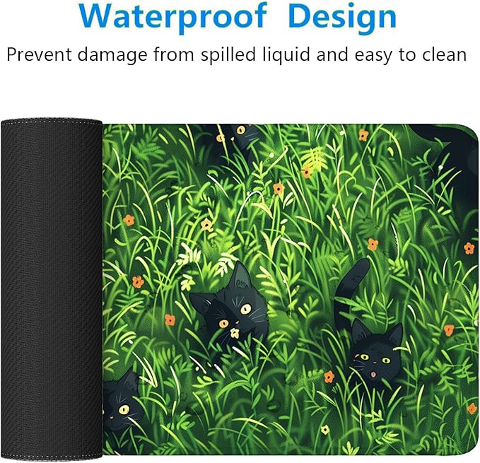 Cute Cat Desk Pad Mouse Pad Green Plant Kawaii Black Cat Flower Large Gaming Mouse Mat with Stitched Edges,Non-Slip Waterproof Rubber Base Mous Mat 31.5"x11.8" Office Computer Keyboard Laptop Home