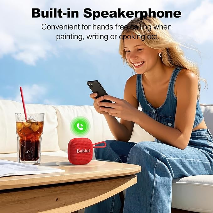 Bobtot Portable Bluetooth Speakers, Wireless IPX7 Waterproof Mini Speaker with 16H Playtime, Loud Stereo Sound, TWS, Built-in Microphone, Small Size with Lanyard, Red