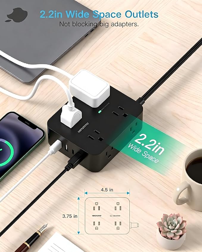 10 Ft Power Strip Flat Plug, Extension Cord Surge Protector with 8 Outlets and 4 USB Ports (2 USB C), Ultra Thin Flat Wall Plug, 1080J Surge Protection, Mountable Charging Station for Dorm, Office